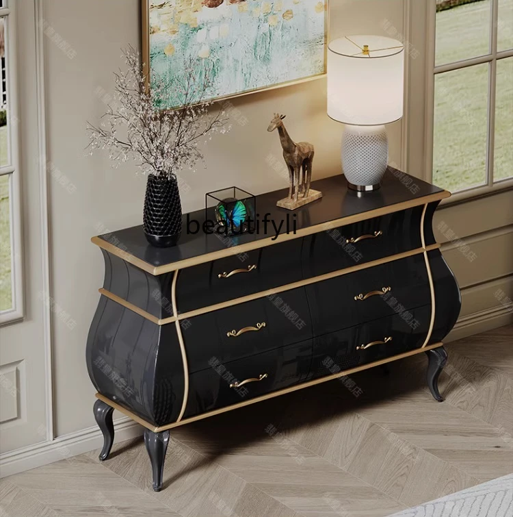 

American light luxury chest, living room solid wood storage, entrance cabinet European bedroom gold-painted storage side cabinet