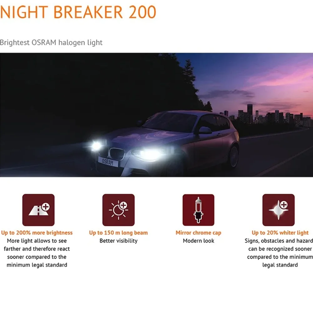 OSRAM original new generation H4 H7 H11 9003 HB2 Night Breaker 200 halogen headlight +200% brightness made in Germany one pair