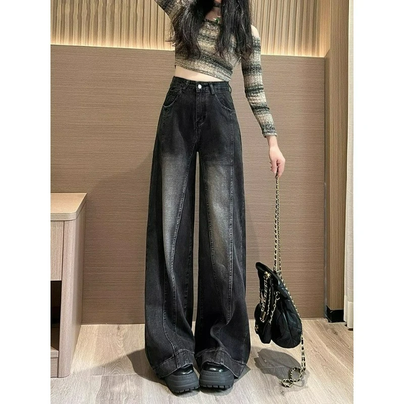 

Широкие джинсы для женщин, весенний новый стиль, утягивающие брюки с высокой талией, свободные черные и серые драпированные прямые брюки, женская одежда