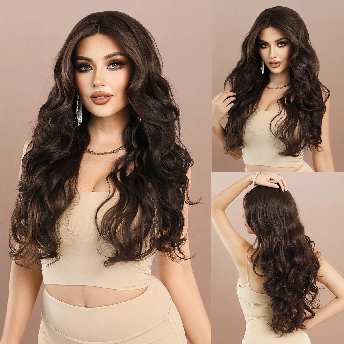 

Little T lace , black tea color, large wavy long curly hair, synthetic fiber hair T-Part Lace Wig