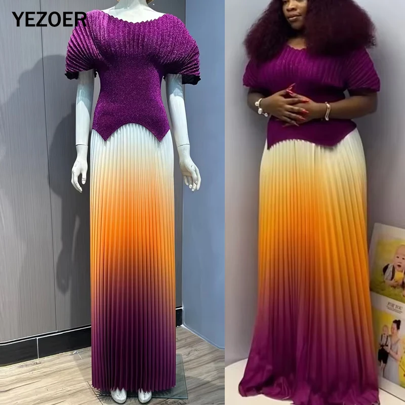 YEZOER Pieghettato 2 Pezzi Set Moda Donna Scollo a V Maniche corte a pipistrello T-shirt con orlo irregolare + Nuova gonna di colore sfumato Vendita calda