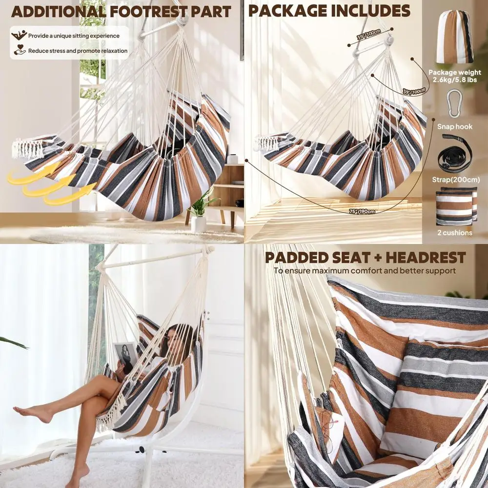 

Складное кресло-гамак с подставкой, 2 подушки, выдерживает до 227 кг, металлический распорник, легко хранить, хлопковое кресло-качели, прочное