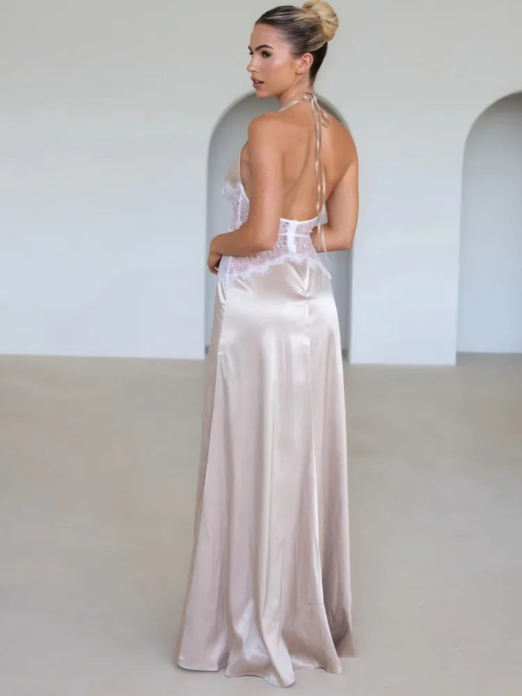 Arctic Cat Elegantแขวนคอซาตินลูกไม้Patchworkชุดผู้หญิงเซ็กซี่ลึกV Backless Bodycon Partyชุดราตรี 2025 ฤดูร้อน