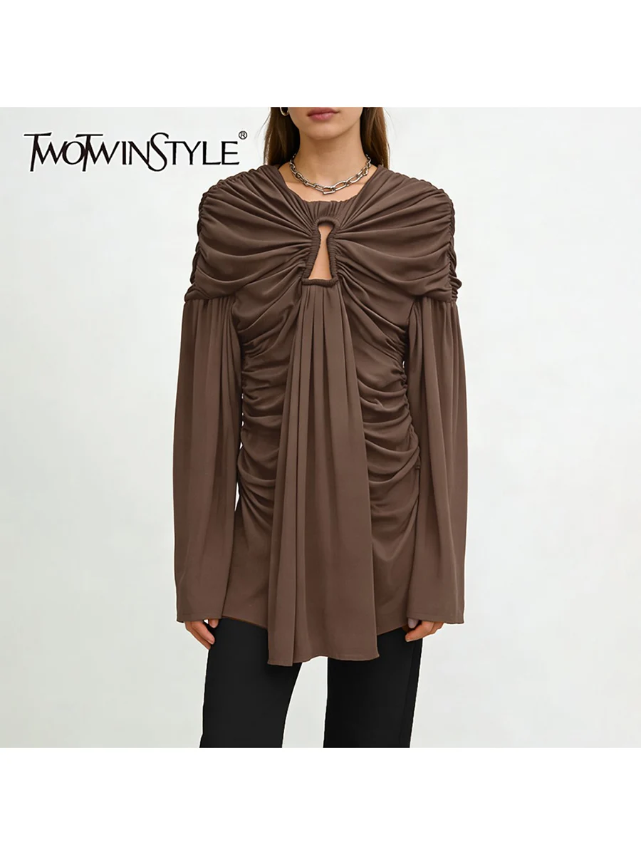 TWOTWINSTYLE الصلبة الجوف خارج تقسم طيات فساتين الموضة للنساء الجولة الرقبة طويلة الأكمام المرقعة الشريط فستان أنثى جديد