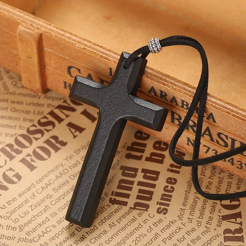 Cross Crucifix Wood Pendant Necklaces for Men Woman Black Brown Sweater Chain Rope Cord Religious Unisex Present