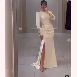 Romantic High Neck Mermaid Prom Dresses Long Sleeves Evening Dress With Ankle Length Side Slit Wedding Party Gowns For Women