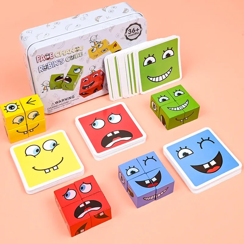 Kids Face Change Cube Game Montessori Expression Puzzle Building Blocks Toys Early Learning Educational Match Toy for Children