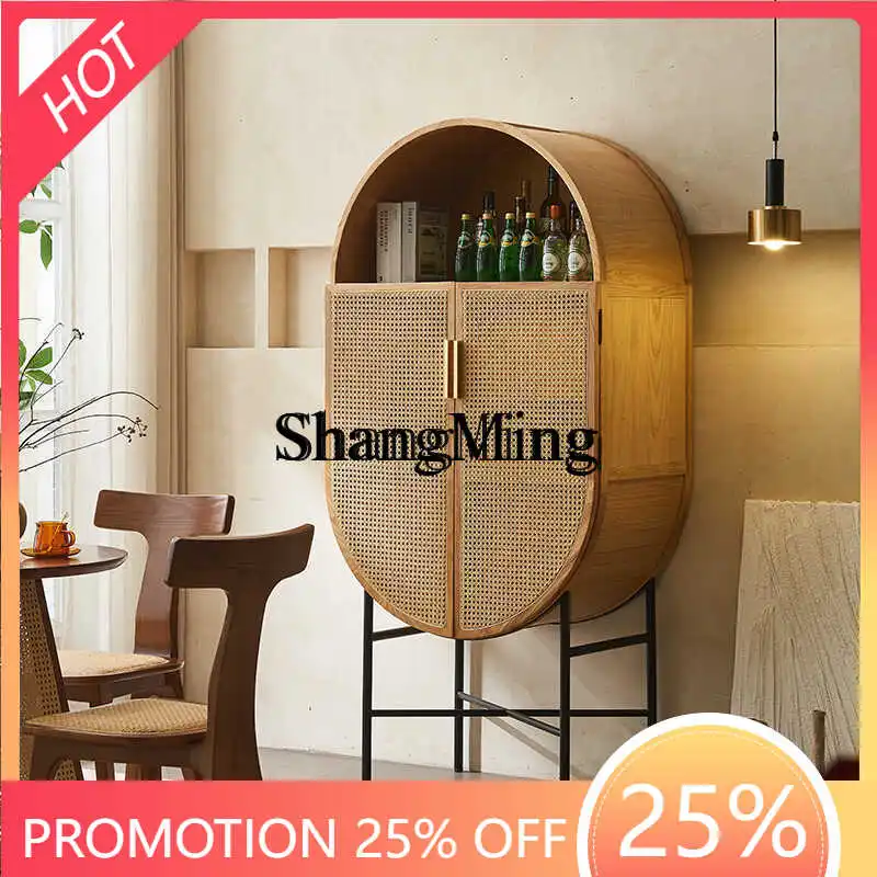 

FG wabi-sabi wind rattan solid wood dining side cabinet log wind living room storage porch wine cabinet