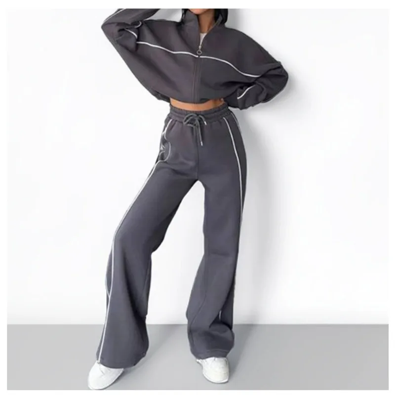 

High-end Personalized Casual Set Long-sleeved Semi-high Neck Cardigan Hoodie Tie Striped Trousers Two Piece Set Fashionable