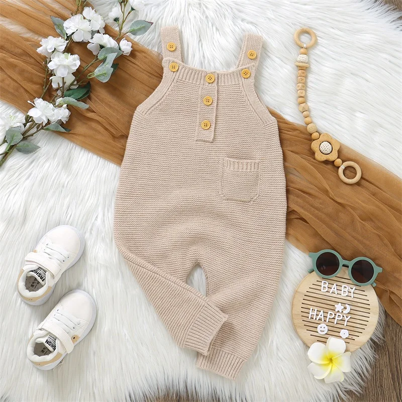 Baby Boy Girl Winter Sweaters Romper Overalls Button-up Sleeveless Square Neck Ribbed Knitted Jumpsuit