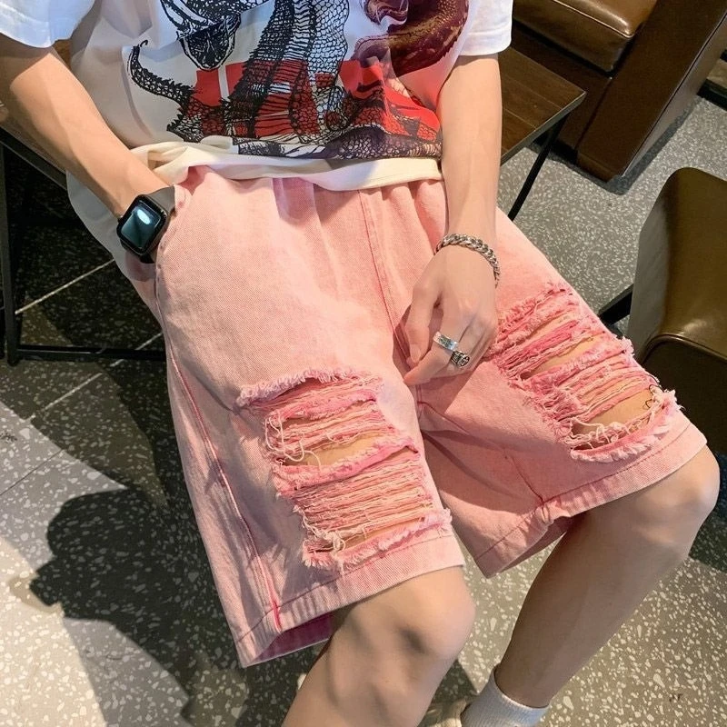 

Men's Pink Ripped Denim Shorts Summer Lightweight American Streetwear Loose 5 Panel Skater Shorts Casual Distressed Moto Shorts