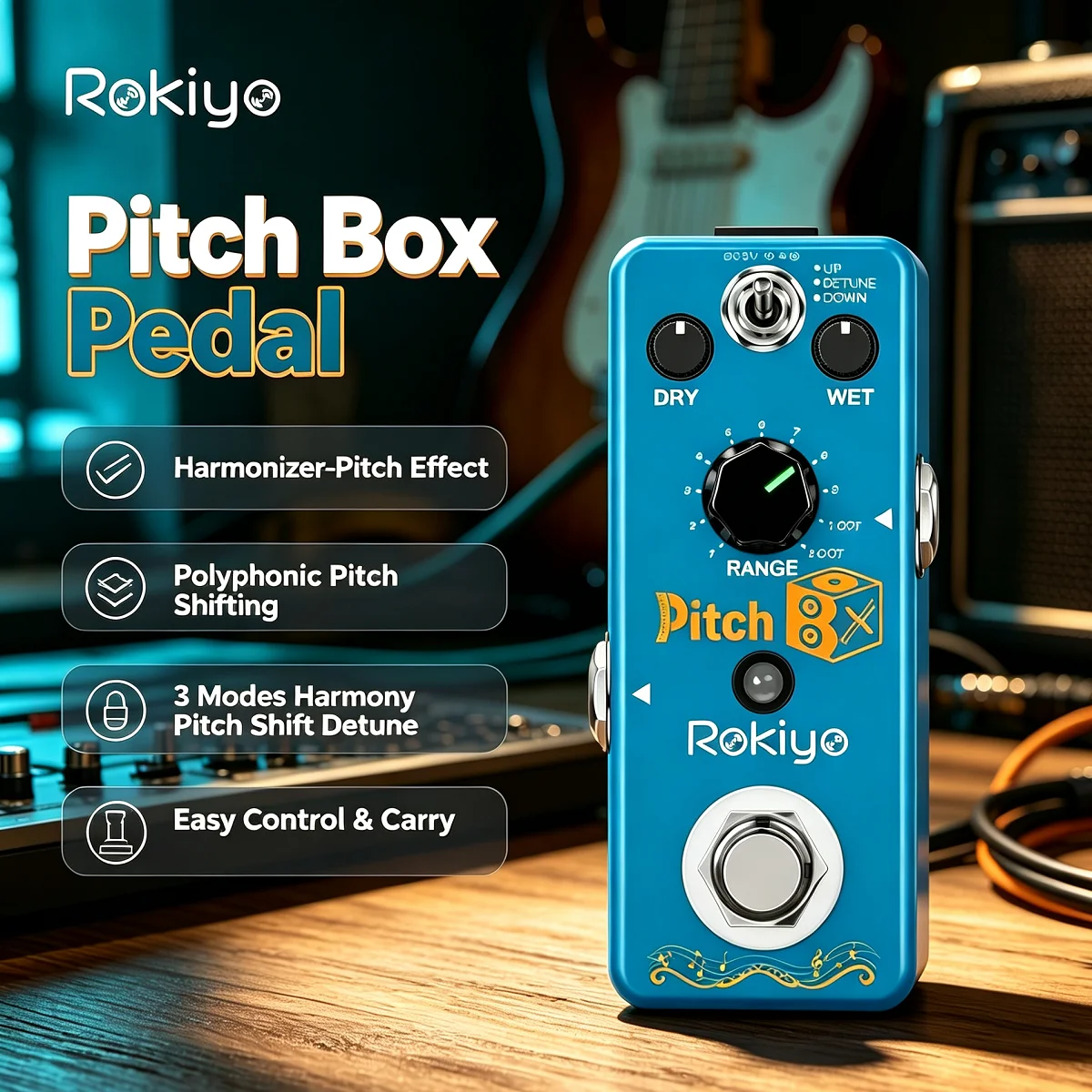 Rokiyo Pitch Box Guitar Harmonizer Pitch Shift Pedal 3‑Mode Harmony Detune Effect Pedal Polyphonic Pitch Shifter Mini Stompbox