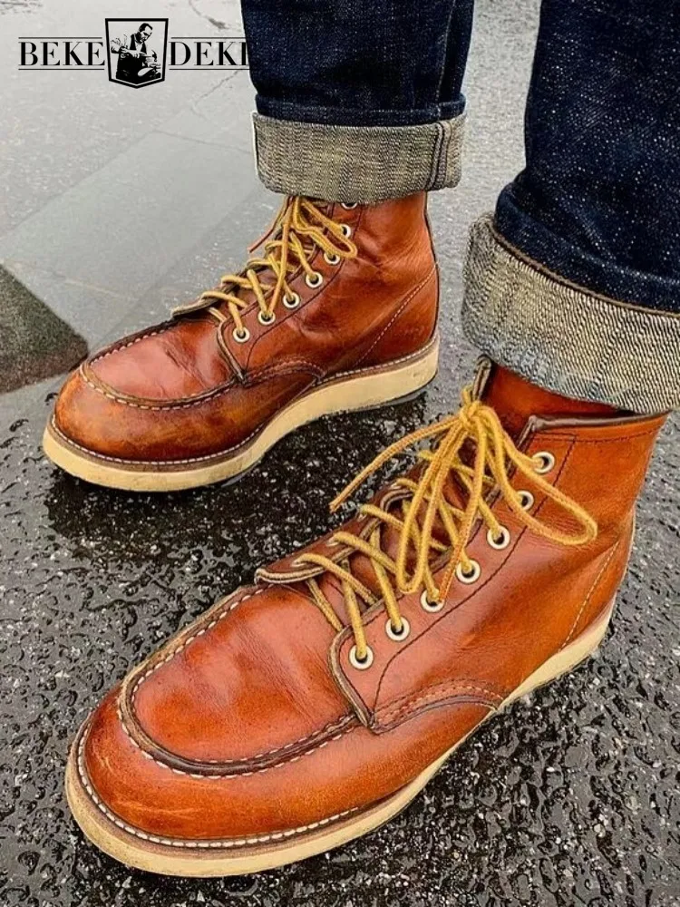 

Retro Male Genuine Leather Cross Tied Hard Wearing Platform Ankle Boots Solid Color Cowhide Round Toe Mens High Top Footwear