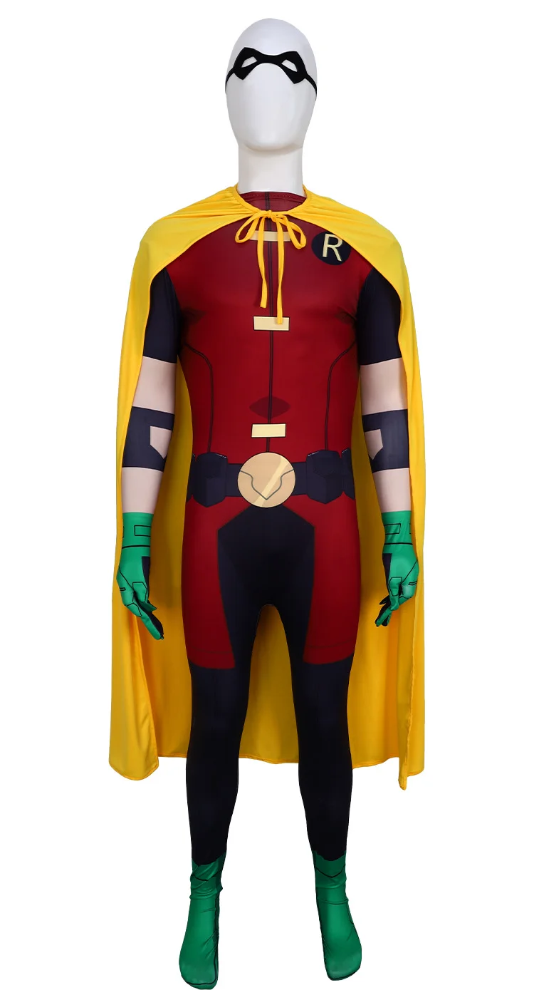 Men Robin Superhero Cosplay Costumes Tight Jumpsuit with Cloak and Mask for Party Carnival Wear