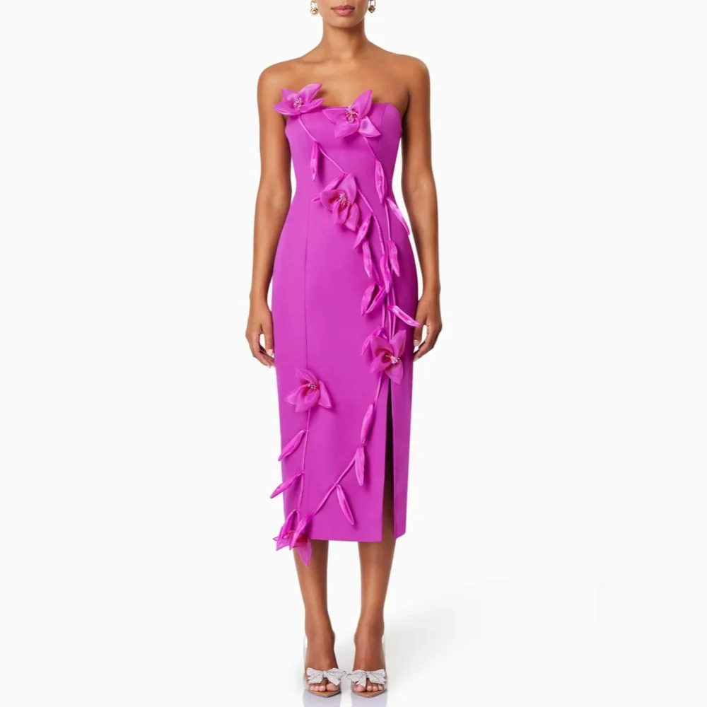 Customized Strapless Elegant Evening Dress Applique Sleeveless Straight Midi Dresses Homecoming Dresses Modern Style