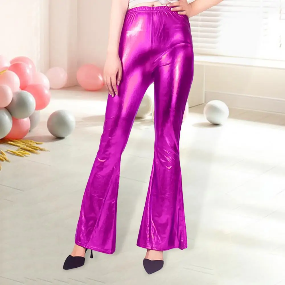 Imitation Leather Women Flared Pants Glossy Surface Performances Party Stage Show Mid-rise Women Trousers Christmas Party Pants