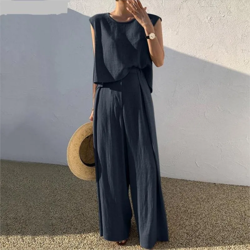 Women\'s Suits Summer Sleeveless O-Neck Tank Tops Wide Leg Pants Two Piece Sets Female Fashion Casual Solid Loose Suits for women