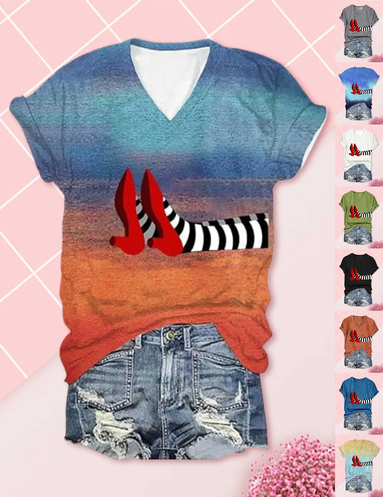 Halloween chaussures rouges T-Shirt sorcière imprimé chemise drôle Halloween chemises doux à manches courtes hauts pour les femmes