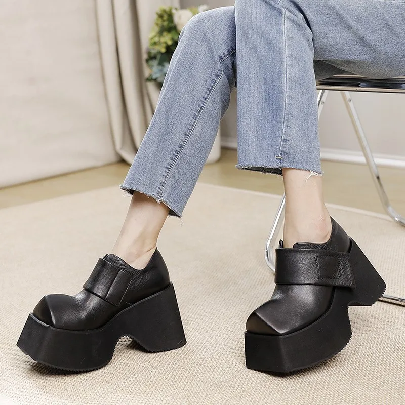 

GKTINOO 10cm Ethnic Platform Wedge Hook Moccasins Fashion Shoes Natural Cow Genuine Leather Autumn Spring Pumps Women High Heels