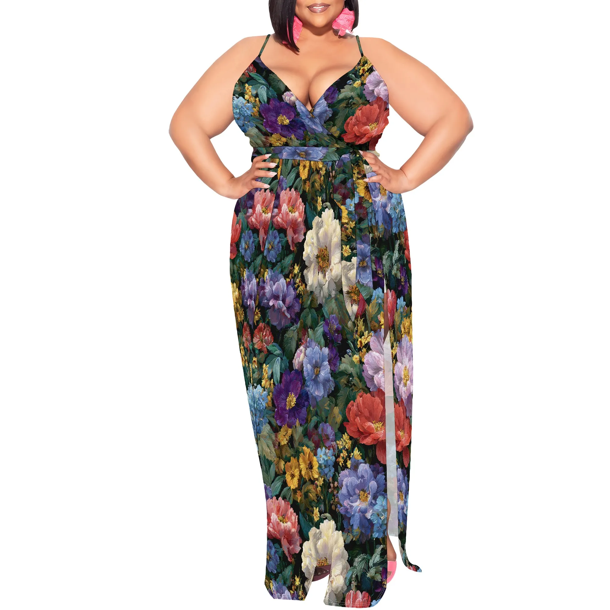 

Women Summer 2025 Maxi Dress Vacation Floral Spaghetti Strap Spring Casual Boho Split Beach Long Flowy Sundress