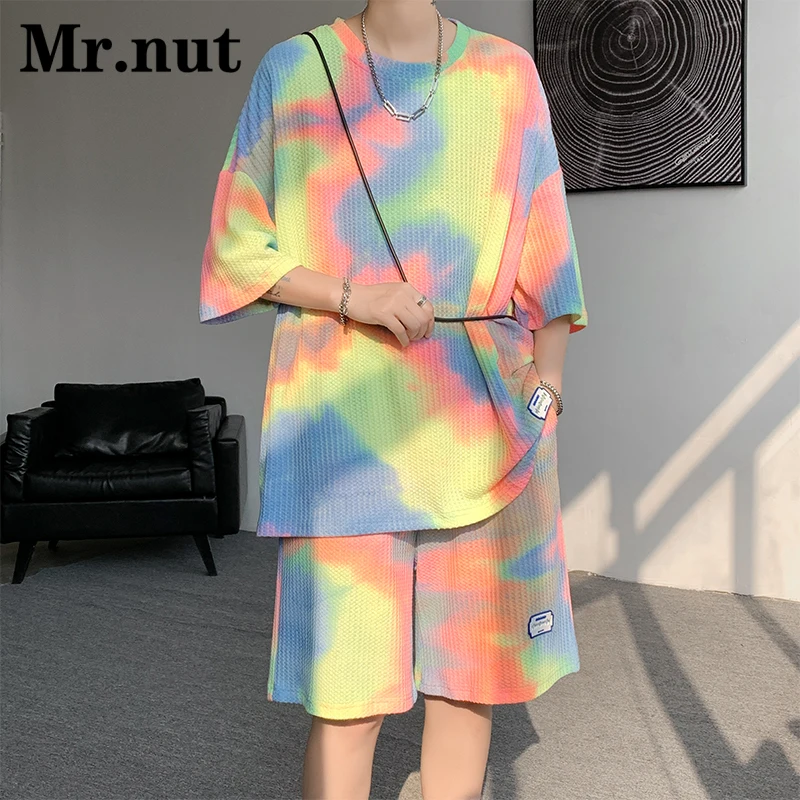 

Mr.Nut Men's Dopamine Tie Dye T Shirt Suit Textured Short Sleeve Shorts Two Piece Set Clothing Unisex Soft Silky Cool Streetwear