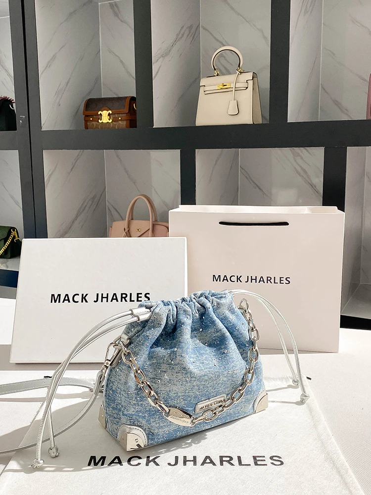 2024 Newly Trendy Denim and Luxury Handheld Bucket Bag with Chain Decoration Popular Evening Party Clutch Purse for Women