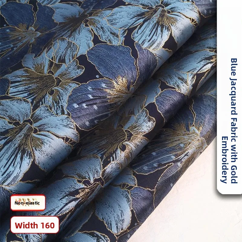 High Precision Gold Thread Blue Large Flower Tkaeoff Weaving  Fabric Women's Suit Handbag Material Home Sofa Cushion