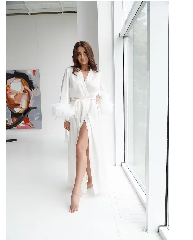 Long Silk Robe White Boudoir Robe Silk Boudoir Robe Wedding Kimono Robe Boudoir Satin Robe with Feathers Bride Wedding Dressing