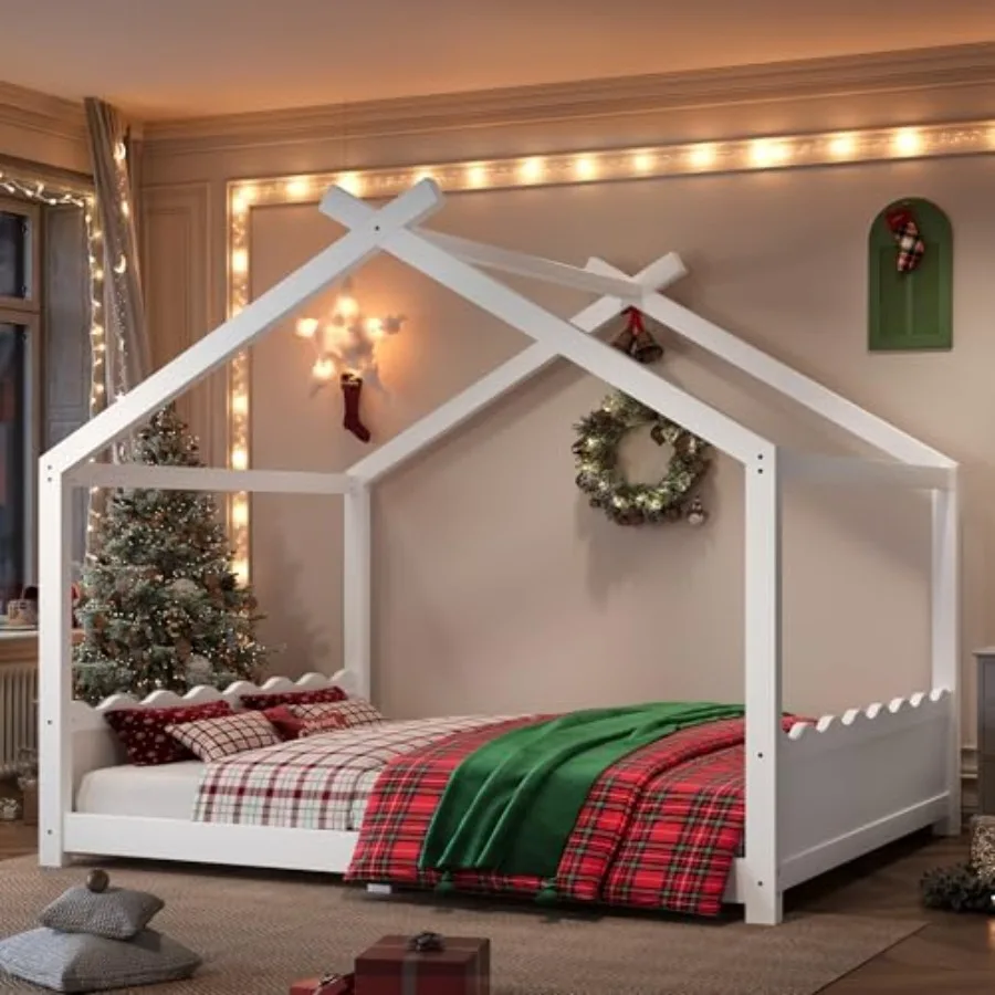 

Queen Size House Bed Frame for Solid Wood Montessori Floor Bed Frame with Support Slats and Roof for Girls Boys White