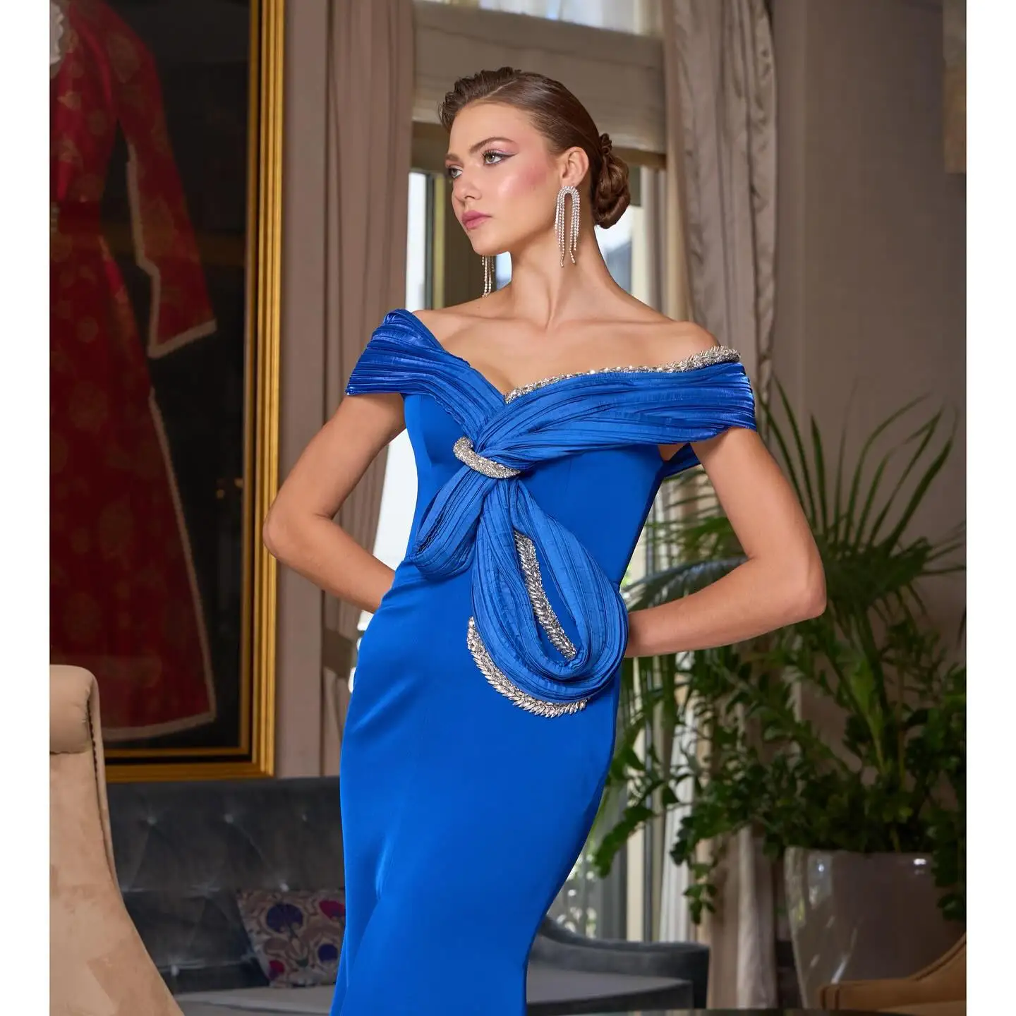 カスタマイズされたセクシーなジャージマーメイドオフショルダークリスタルイブニングドレス高品質半袖フロアレングスウエディングドレス