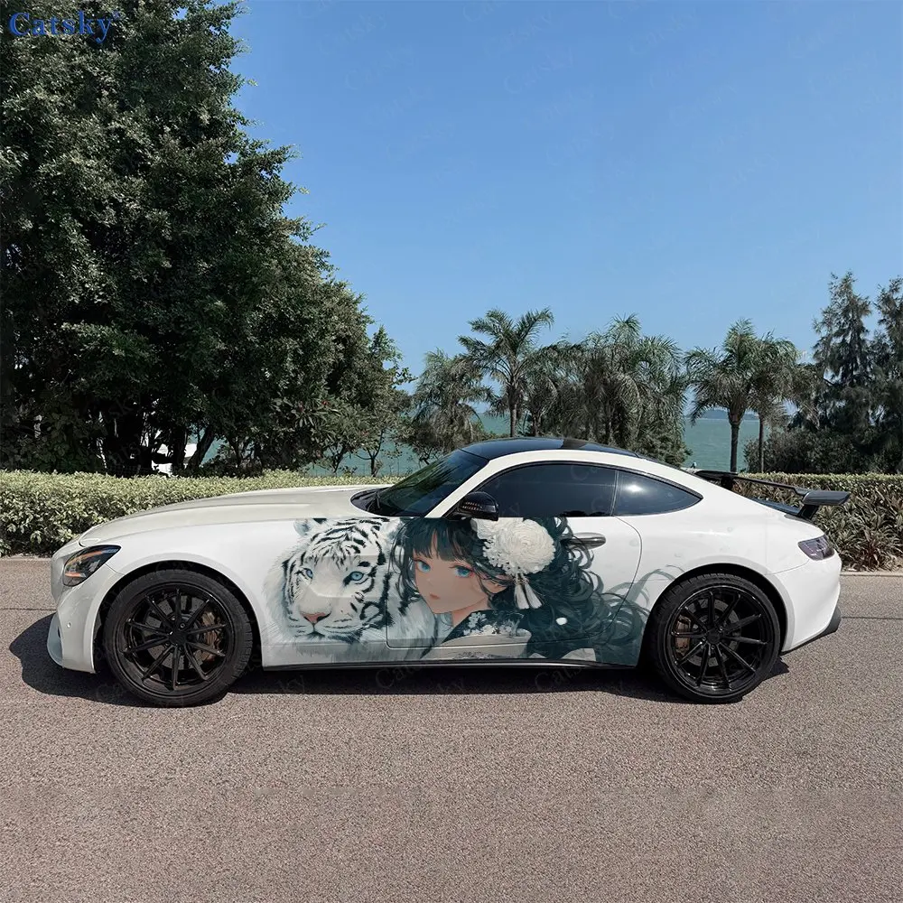 

2pcs Elegant Cyan Tone Flower Girl Car Side Wraps, Self-Adhesive PVC Waterproof & Scratch-Resistant Stickers, Car Accessory Gift