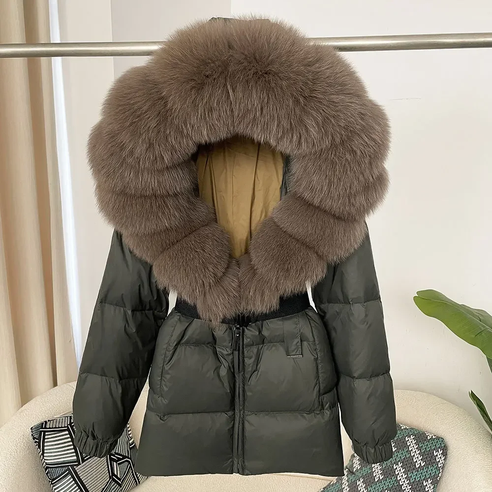 2025 chaqueta de invierno para mujer, cuello de piel de zorro Natural auténtica con capucha, abrigo grueso cálido 90% de plumón de pato blanco, ropa de calle informal para mujer