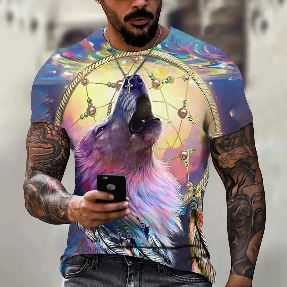 2024 3D Print Wolf T-shirt Men\'s Animal Print Short sleeved Top Casual Street Men\'s T-shirt Plus Size Men\'s Vintage Clothing