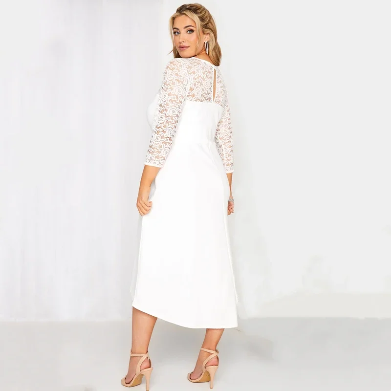 Plus Size 3/4 Lace Sleeve Spring Autumn Elegant Party Dress Women White Flt Flare Midi Dress Large Size Night Out Wedding Dress