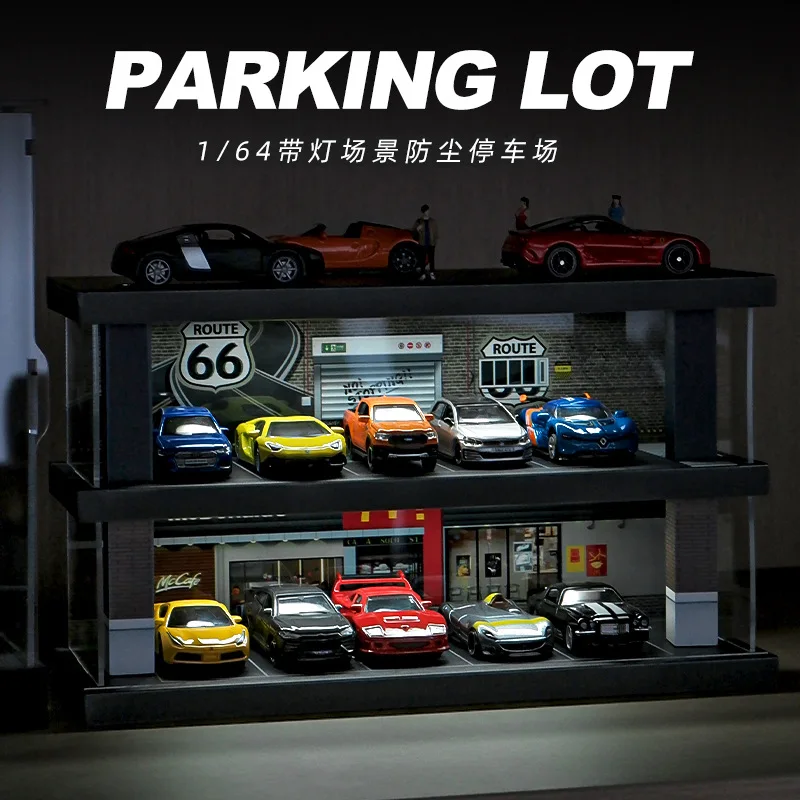 1/64 Simulation miniaturized McDonald's wooden parking scene Car model storage box with light display rack decoration