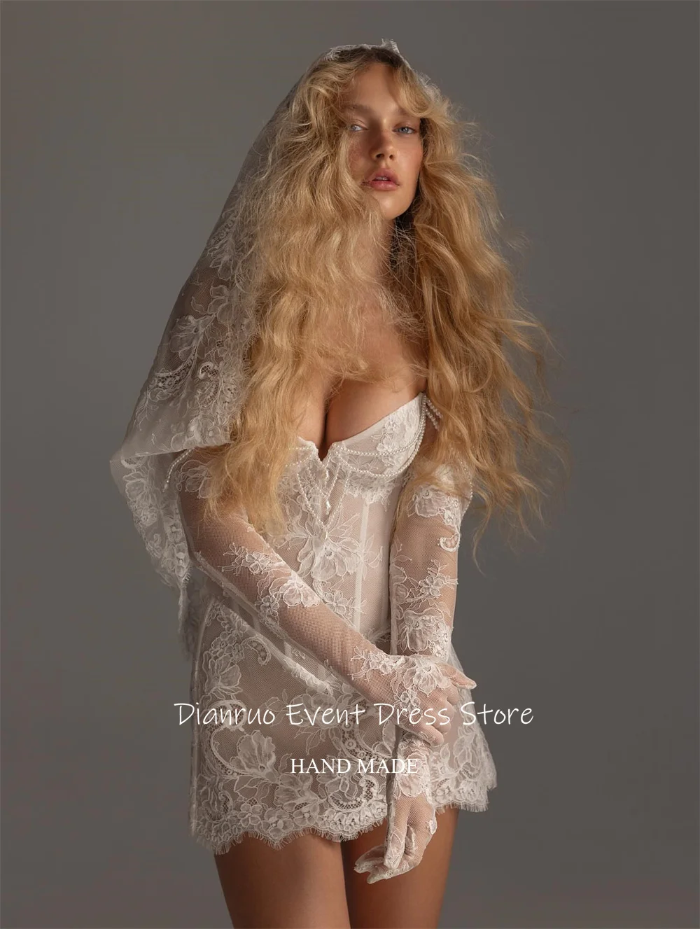 Dianruo perles séduisantes robes de mariée chérie Mini longueur robe de bal Illusion Appliques à lacets robe de retour personnalisé