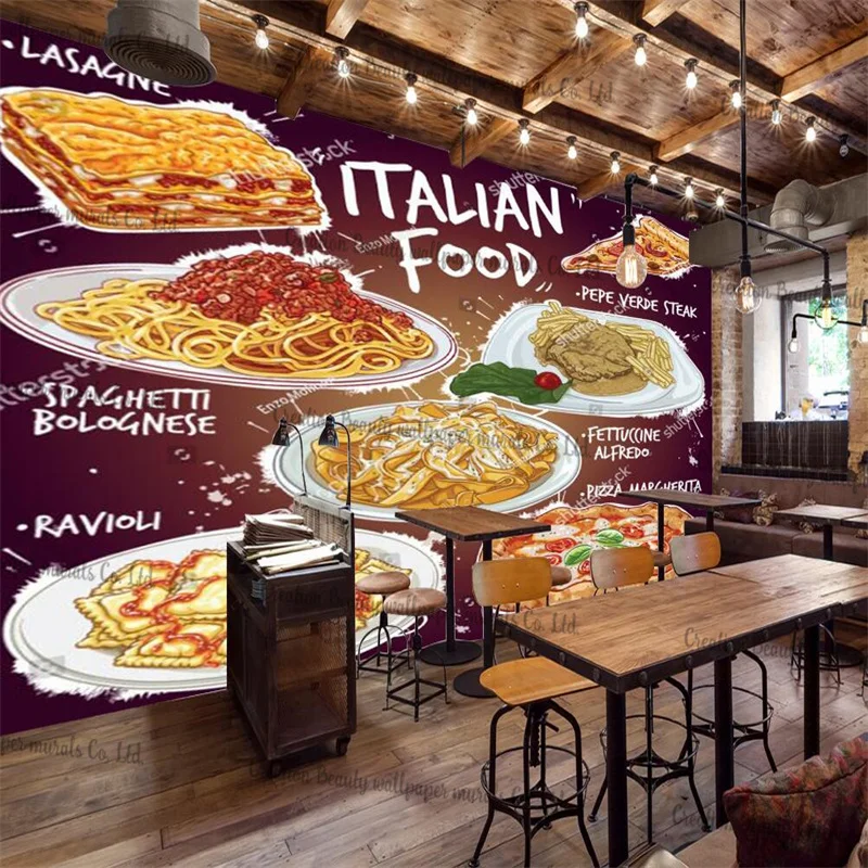 Pintados à mão comida italiana restaurante decoração industrial personalizado mural papel de parede pizza margherita e ravioli comida rápida