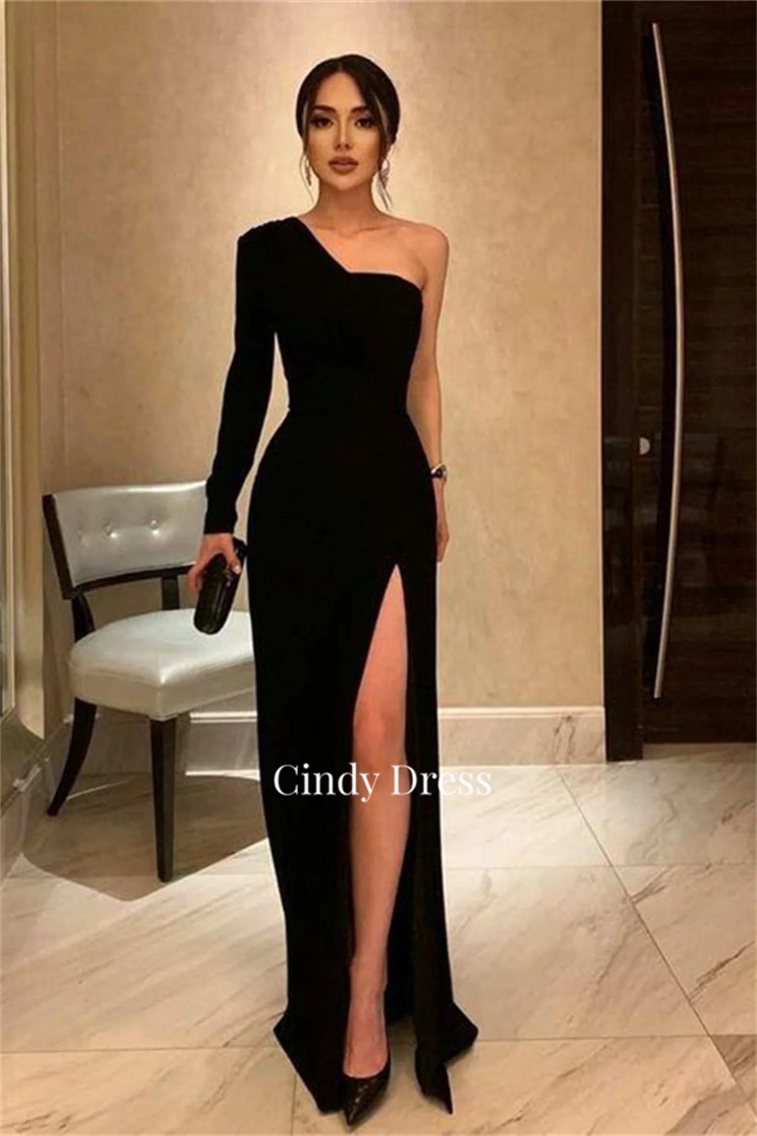 

Cindy Black Eid Al-fitr One Shoulder Sleeve Evening Dress Straight Line Grace Texture Long Luxury Dresses Gala Prom Ladies 2024