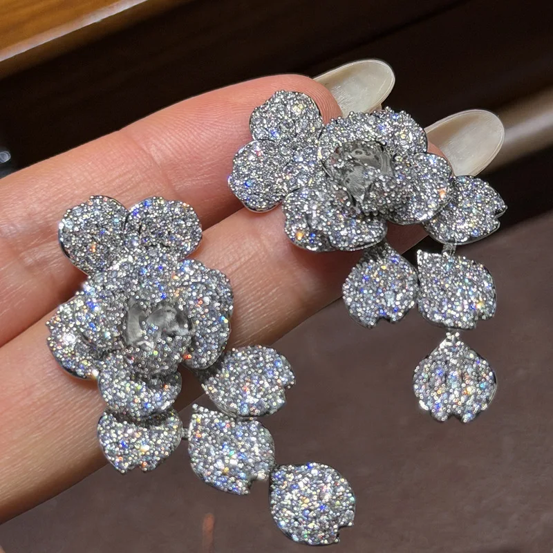 Luxury Floral Dangle Earrings Full Micro Paved Cubic Zirconia Flower Drop Earrings For Women Daily Fashion Jewelry