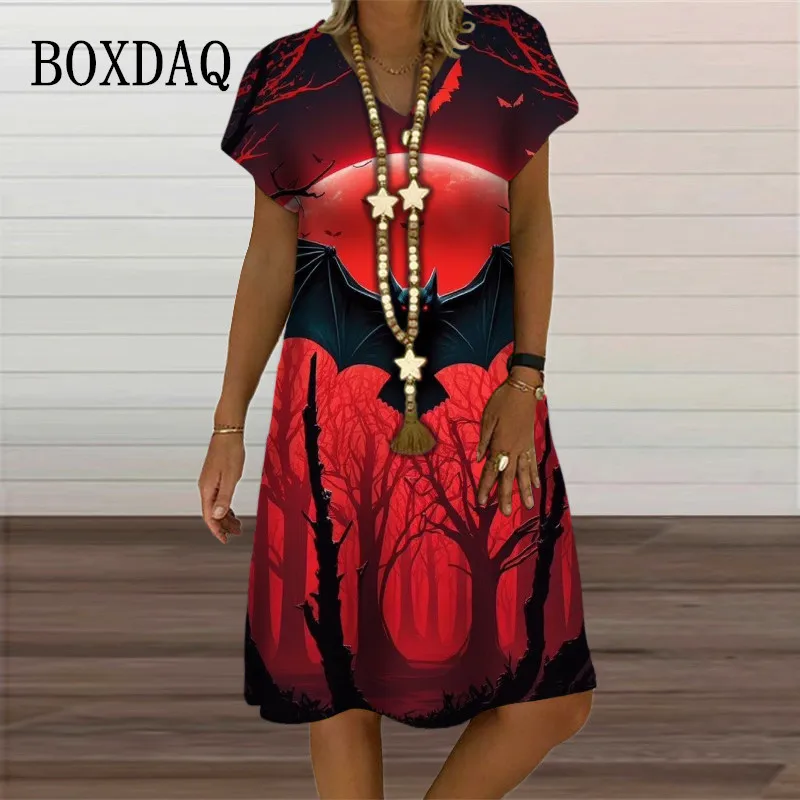 Gothic Style Red Black 3D Bat Print Women Dress Elegant Casual V-Neck Party Dresses Fashion Short Sleeve Loose Oversized Clothes