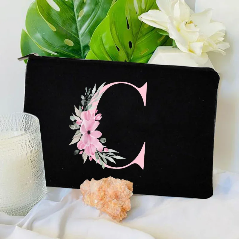 1 Pc Alphabet Floral Letters Print Zipper Cosmetic Pouch Travel Bag Women Portable Makeup Storage Organizer Bride Classmate Gift