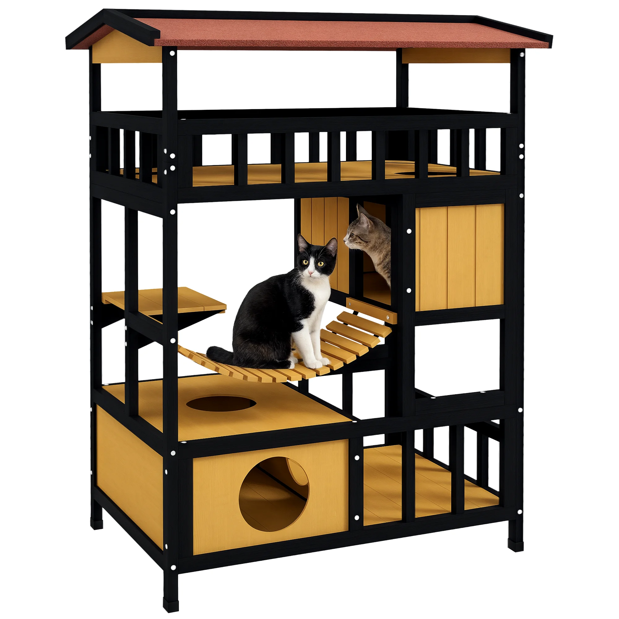 Pawhut 4-laags kattenhuis 84x60x116 cm kattenverblijf met hangbrug, balkon en natuurlijk asfalt dak - afbeelding 2