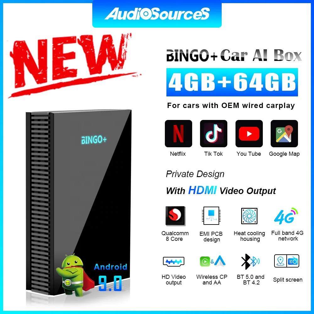 

Bingo+ Wireless CarPlay Android AUTO Multimedia Video Box 4G Cellular,4+64GB,8Core,Android 10.0,Built-in Navigation,Support SIM