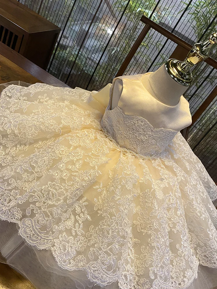 

Girls Lace Princess Dress Exquisite Lace Organza Bow Sleeveless Ball Gown 1-8Years Flower Girls Wedding Party Dress