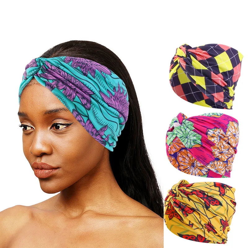 Women African Pattern Print Headbands Turban Wide Stretch Headwrap Twist Style Hair Bandanas Head Wrap Elastic Headwear