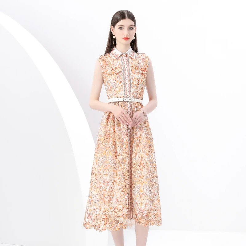 Vestido Largo Estampado sin Mangas con Cuello de Encaje Vintage y Cintura Ajustada, Primavera 2025, Fibra de Poliéster 00%, ...