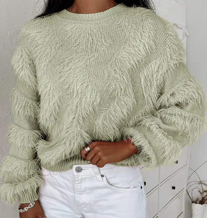 Winter Women\'s New Fashion Casual Fluffy Tassel Design Long Sleeve Round Neck Acrylic Sweater Pullover Jumper Solid Top 2023