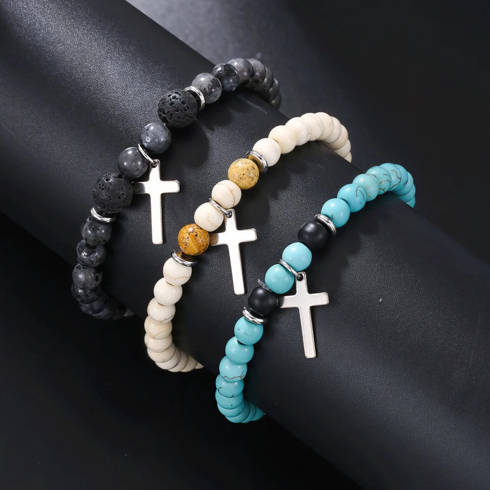 Böhmisches Naturstein-Perlenarmband Vintage Kreuzanhänger Herrenarmband Modeschmuck Trend-Accessoires – Detail 5