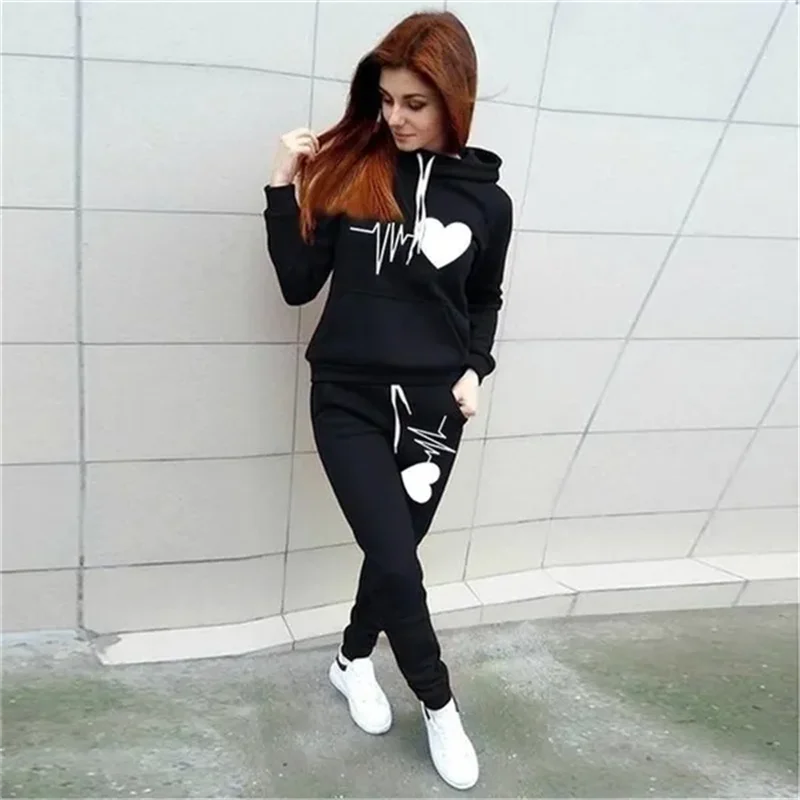 Hot Women\'s Hooded Pants Love Printed Sportswear Autumn and Winter Two Piece Sweatshirt Sweatpants with Pockets Sweatshirt Set