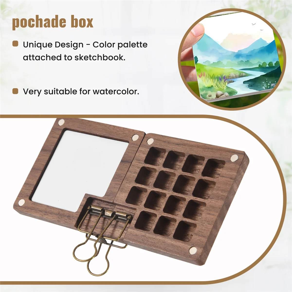 A07I draagbaar aquarelpalet, 15-kleuren schetsboekpalet, houten palettendoos, reisverfpalet (zonder kleuren)